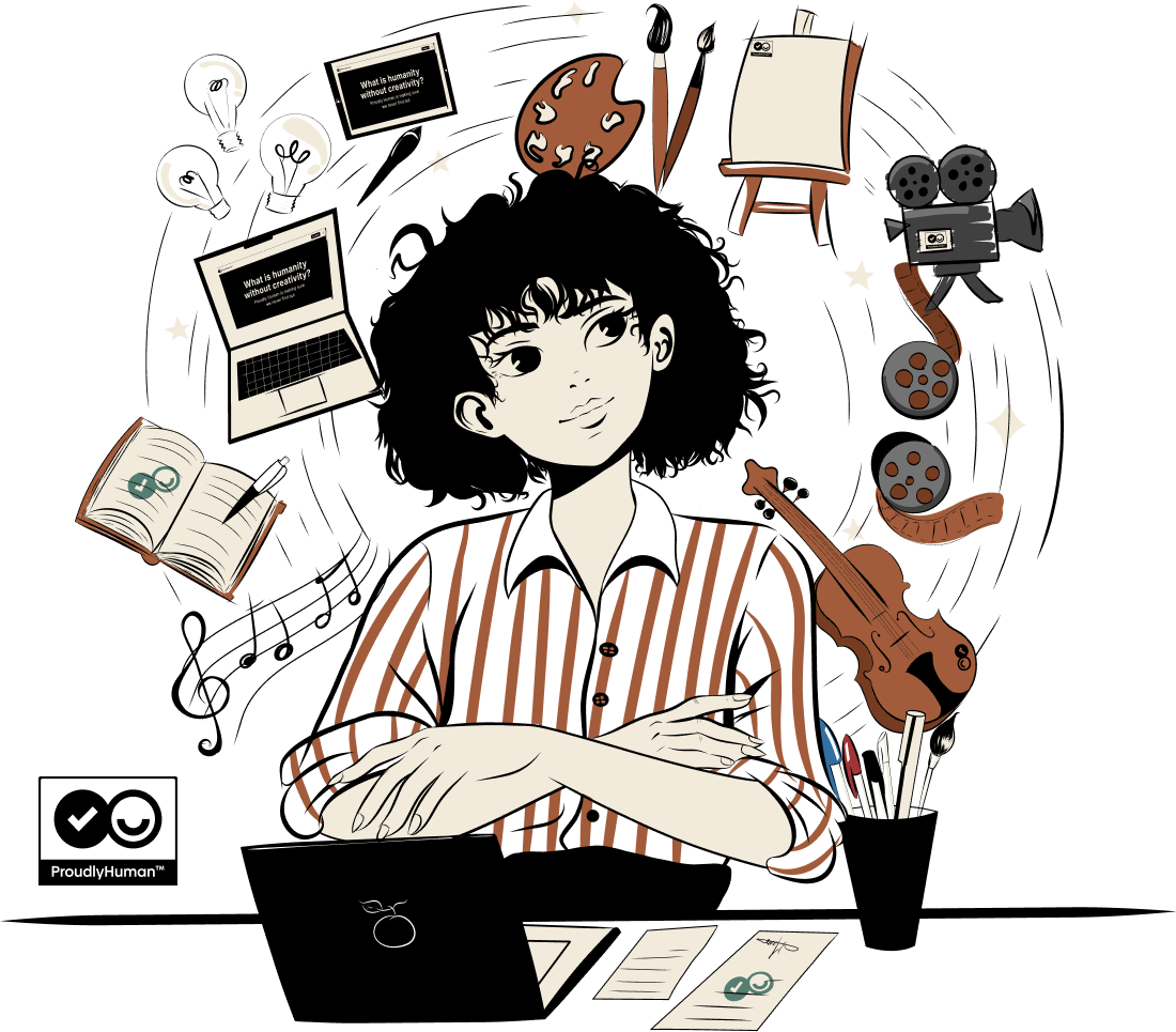 Illustration of a creative person surrounded by art, music, film and writing tools
